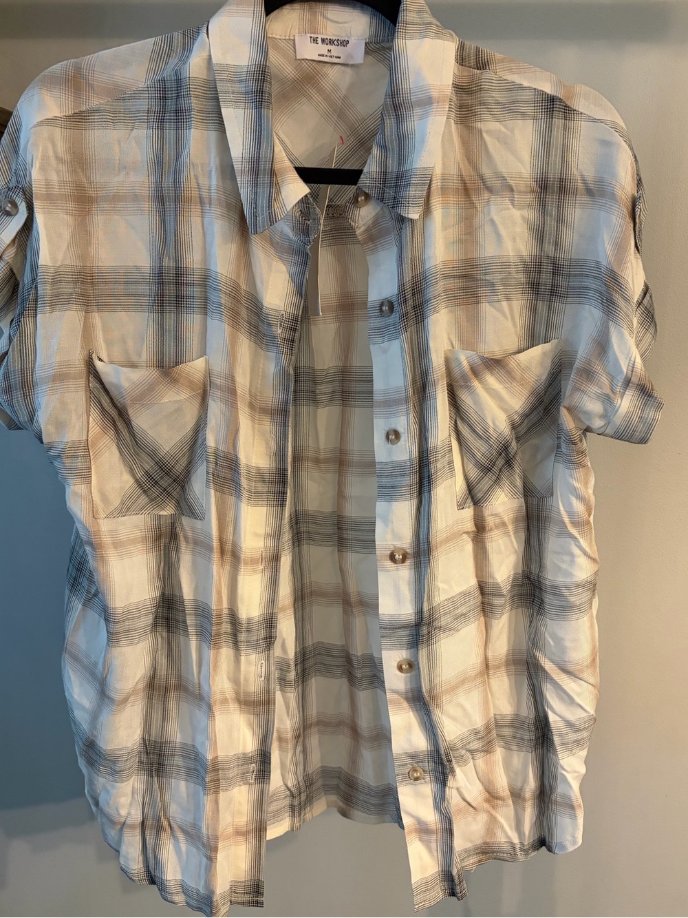 NWT ✨ Workshop Republic Clothing Cream Plaid Short-Sleeve Button-Down - M